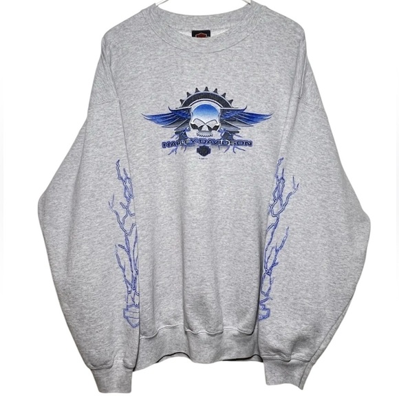 Harley-Davidson | Vintage 2005 Crewneck Blue Skull Design Lightening Sleeve 2X - Picture 1 of 7